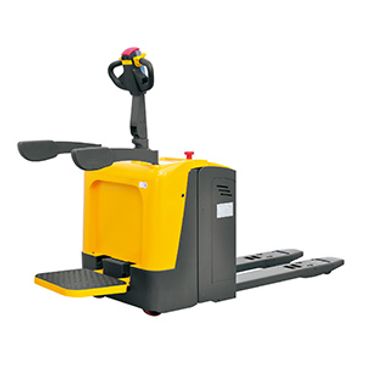 Electric pallet jack with a yellow and black design and operator platform.