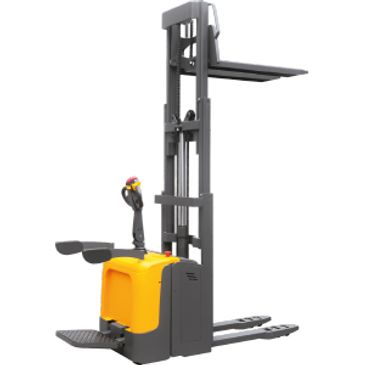 A yellow and black electric forklift with extended forks and control handle.