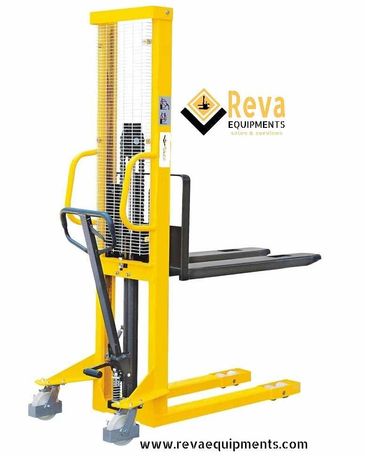 Yellow manual forklift stacker by Reva Equipments on white background.