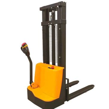 Electric pallet stacker with yellow body and black forks.