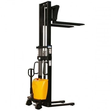 Electric stacker forklift with yellow base and black lifting mechanism.
