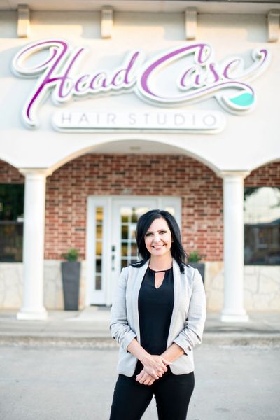 Owner Kelley Swing featured in front of Head Case Hair Studio, Keller, TX.