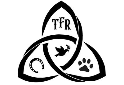 Black tribal-style symbol with TFR, dove, horseshoe, and paw print.