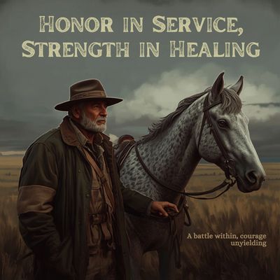Man and horse with inspirational message about service and healing.