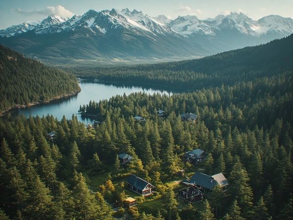 A forest village near a lake with snowy mountains in the background.