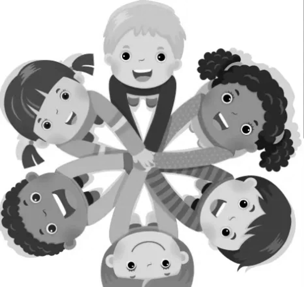 Five happy children joining hands in a circle, smiling joyfully.