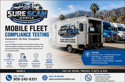 Mobile fleet compliance testing for trucks and RVs with on-site service.