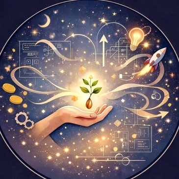 Glowing, nurtured seedling poised above an open hand against a starry backdrop of innovation icons.