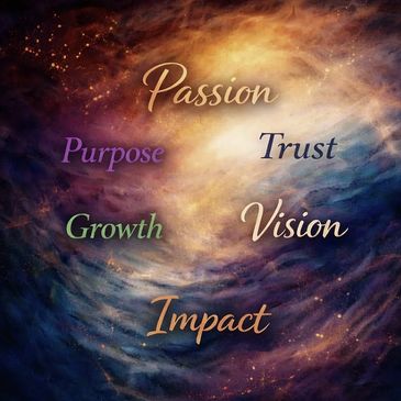 Abstract colorful galaxy featuring the words passion, purpose, trust, growth, vision, and impact.