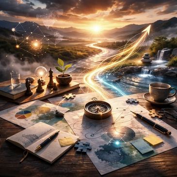 Sunset-lit holistic workspace with strategy tools, balance stones and whole-system leadership icons.