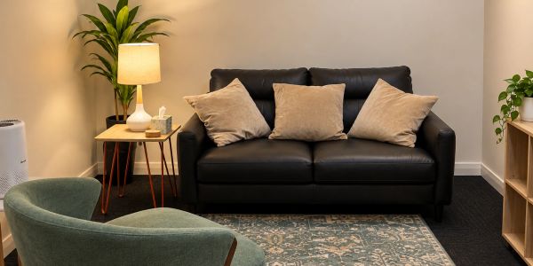 Cozy living room with black sofa and green chair.