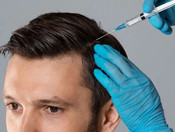 blue gloves giving shot to brunette gentleman on scalp