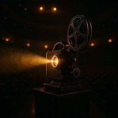 Vintage film projector casting light in a dark theater.