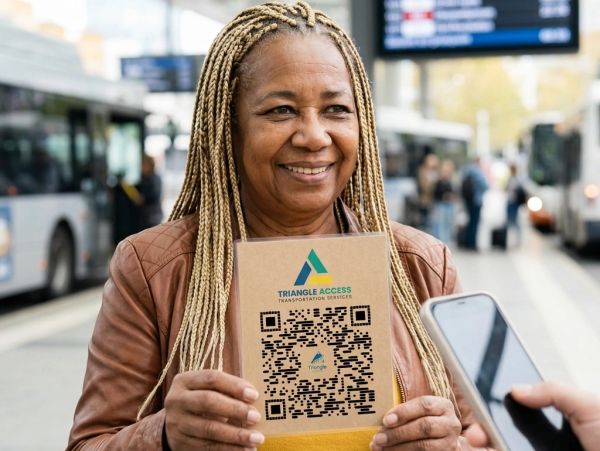 Woman holding a QR code sign for Triangle Access Transportation Services at a bus stop.