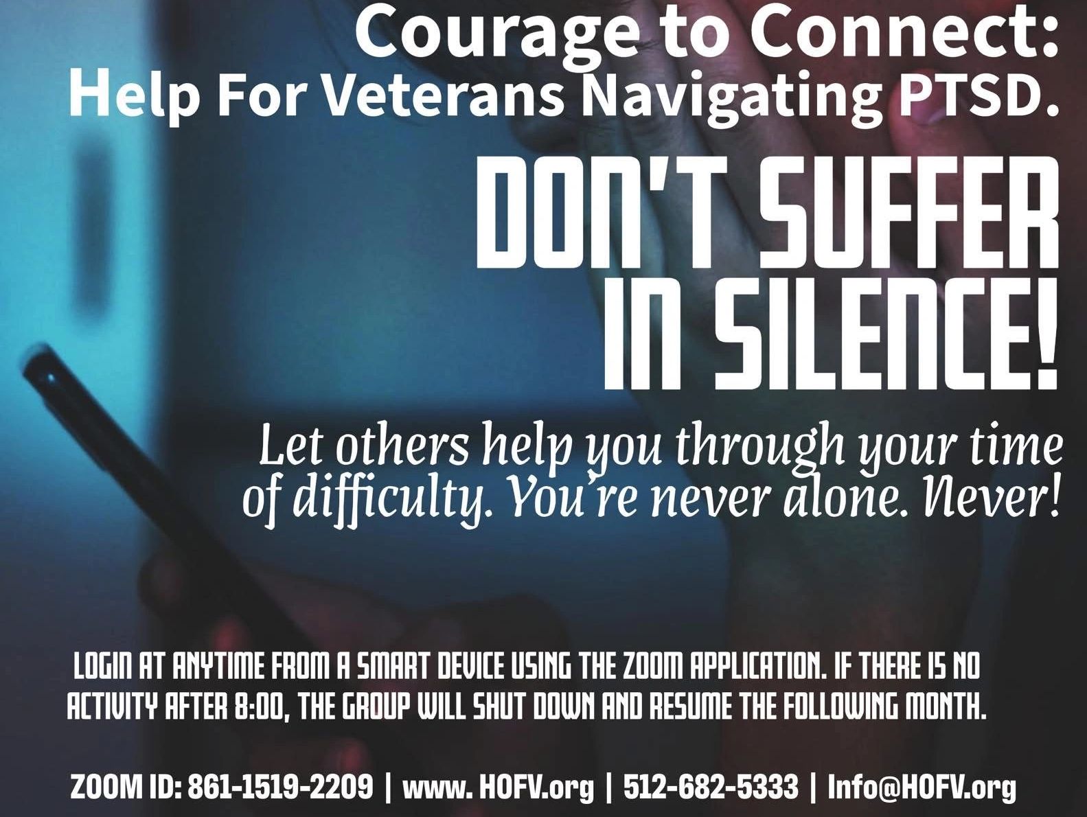 Support group for veterans with PTSD via Zoom, encouraging connection and help.