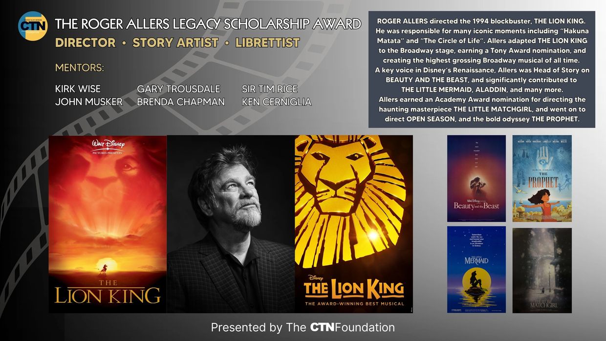 Poster collage honoring Roger Allers' legacy in animation and Broadway.