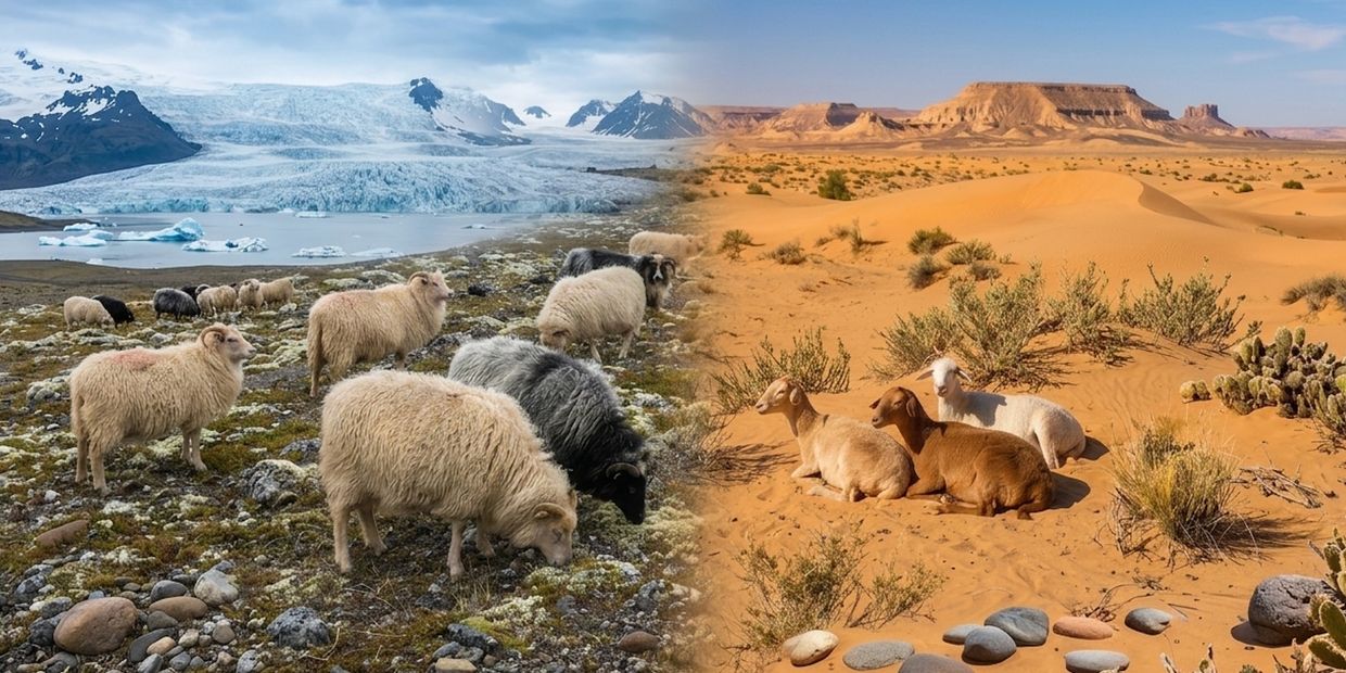 Sheep grazing in contrasting icy and desert landscapes divided by a seamless line.