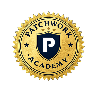 Gold emblem with Patchwork Academy text and shield.