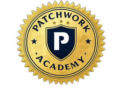 Gold and navy blue emblem of Patchwork Academy.