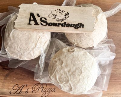 3 individually packaged A's Sourdough Pizza dough