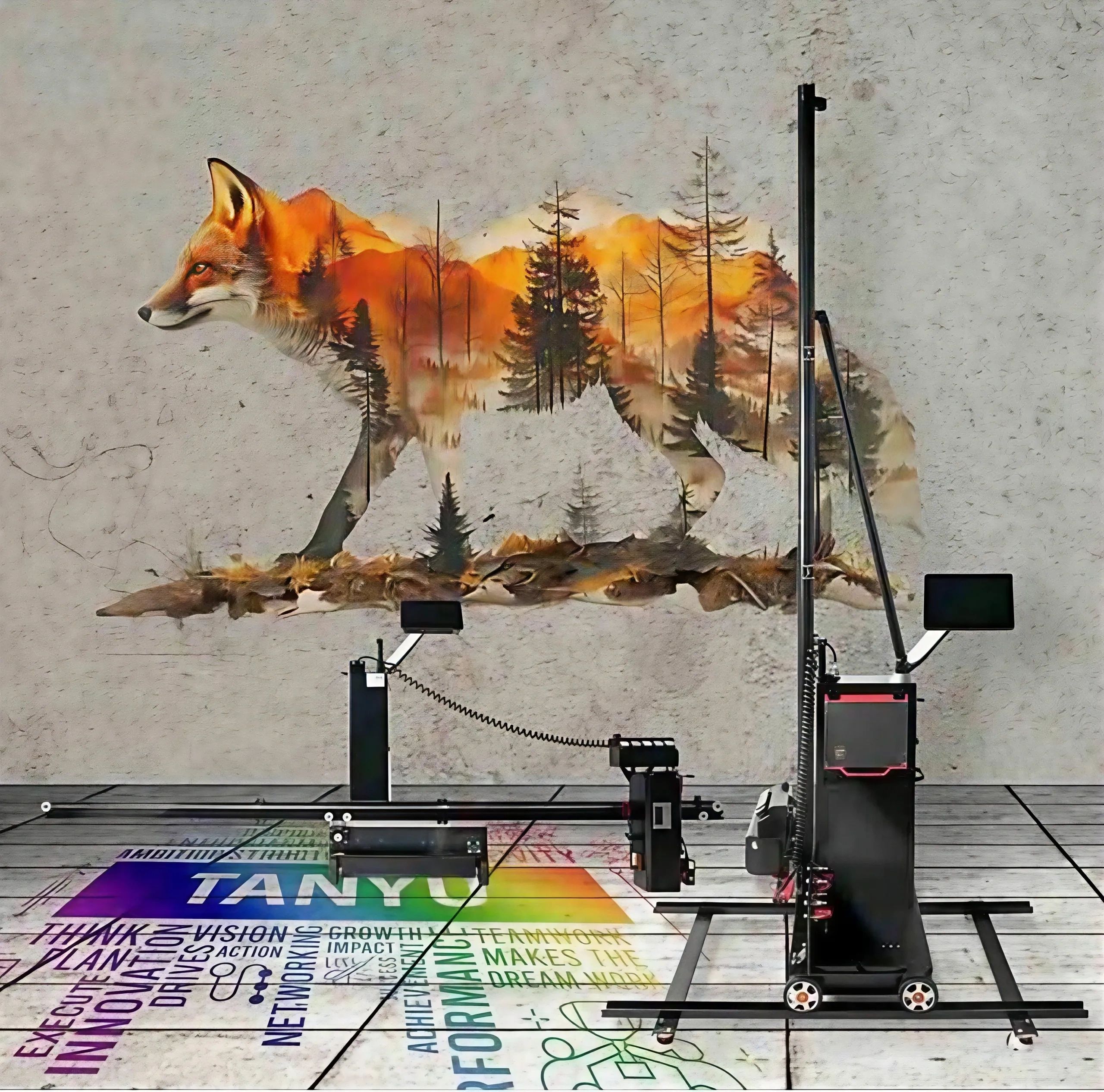 A fox silhouette filled with a forest and mountain scene on a wall behind a modern mechanical device.