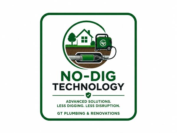 Alt Text: GT Plumbing & Renovations No-Dig Technology icon representing trenchless sewer and underground