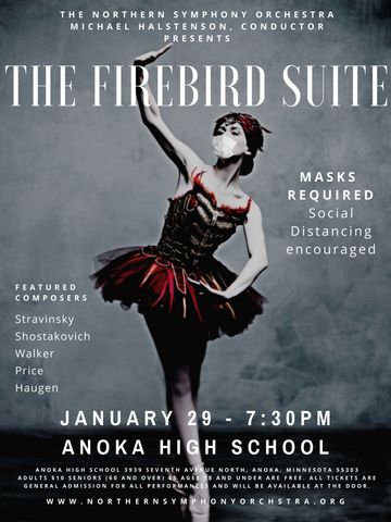 Concert poster. Text with concert details over the background of a ballerina in red.