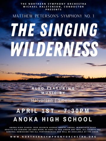 Concert poster. Text with concert details over the background of water with trees on the horizon.