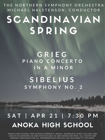 Concert poster. Text with concert details over the background of Northern Lights over water and snow