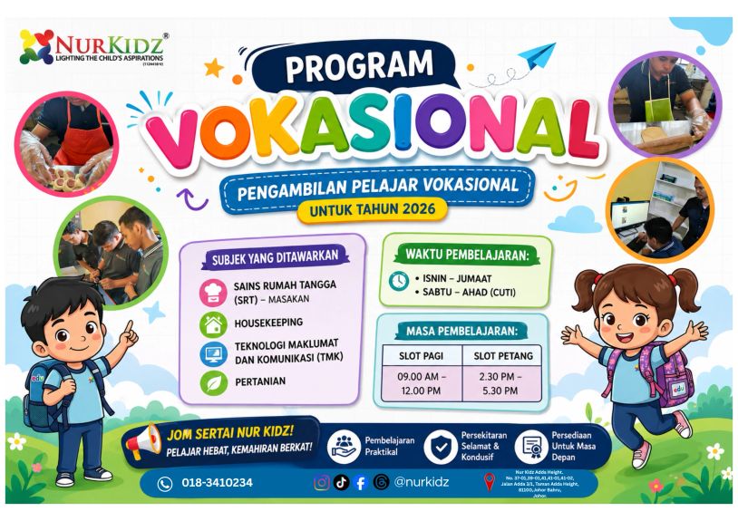 Poster for Nur Kidz vocational program enrollment for 2026 with colorful design and cartoon kids.