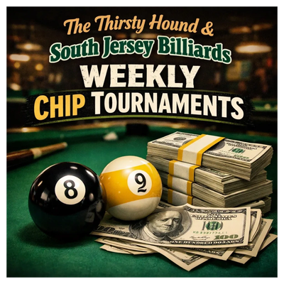 Advertisement for weekly billiards chip tournaments with cash prizes.