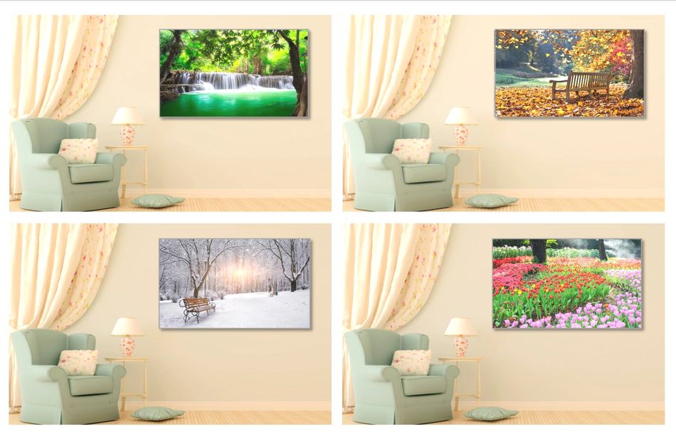 Four room scenes with armchairs and seasonal landscape paintings.