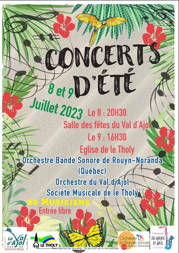 Poster for summer concerts in July 2023 with orchestras and free entry.