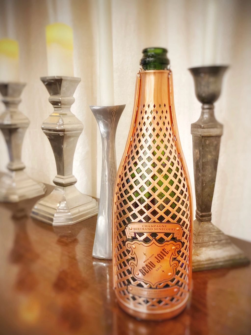 Unique copper encased champagne bottle for the wedding toast