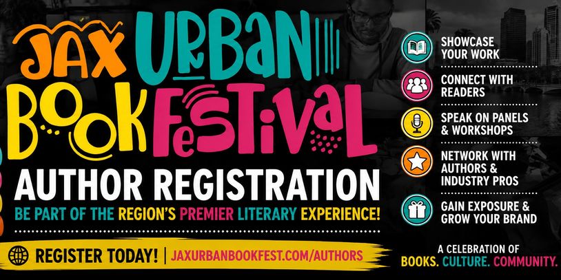 Jax Urban Book Festival author registration announcement.