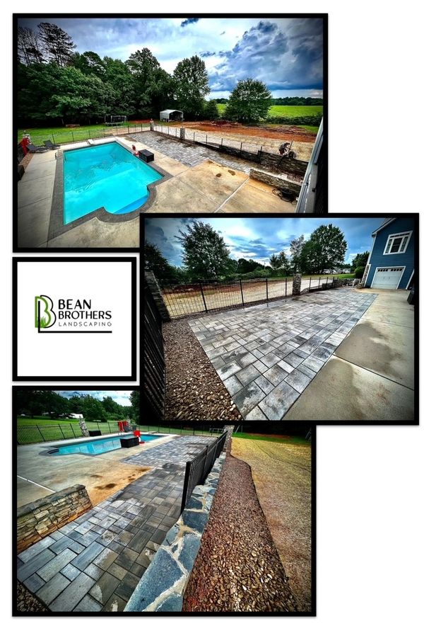 Paver Patio in Vale, NC. Retaining Wall, Fencing, Stone Work, Column, River Rock, Flower Beds.