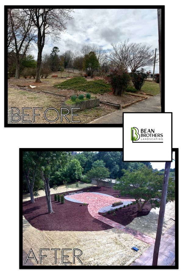 Demo Paver Patio, Replace Paver Patio. Located in Cherryville, NC. New Shrubs, Trees, Grasses, Mulch.