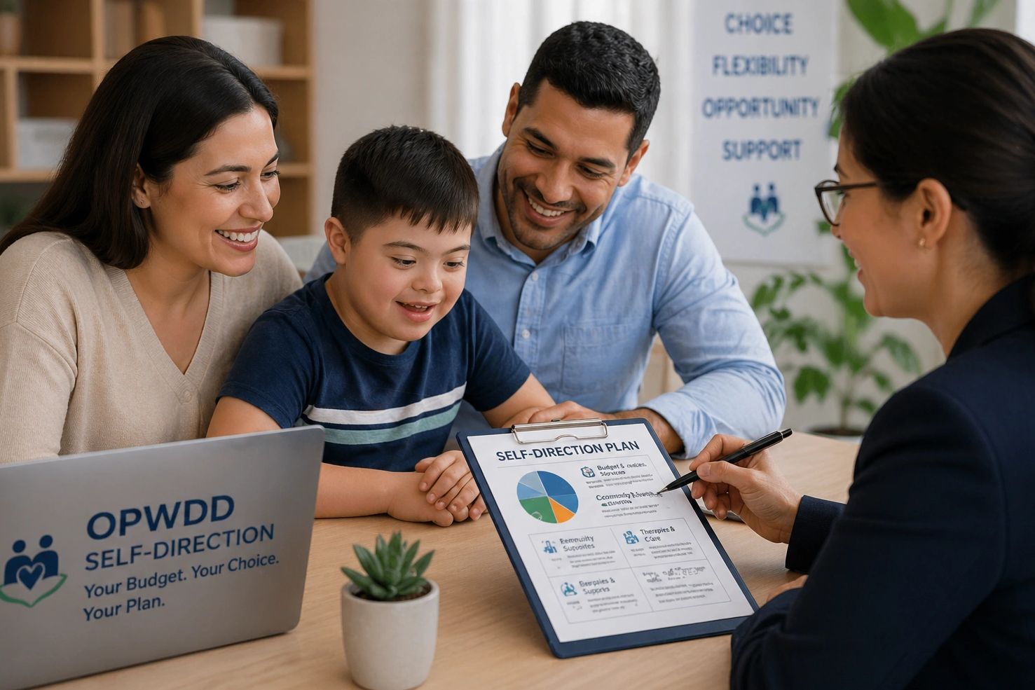 Self-direction broker meeting with family to plan OPWDD services and budget
