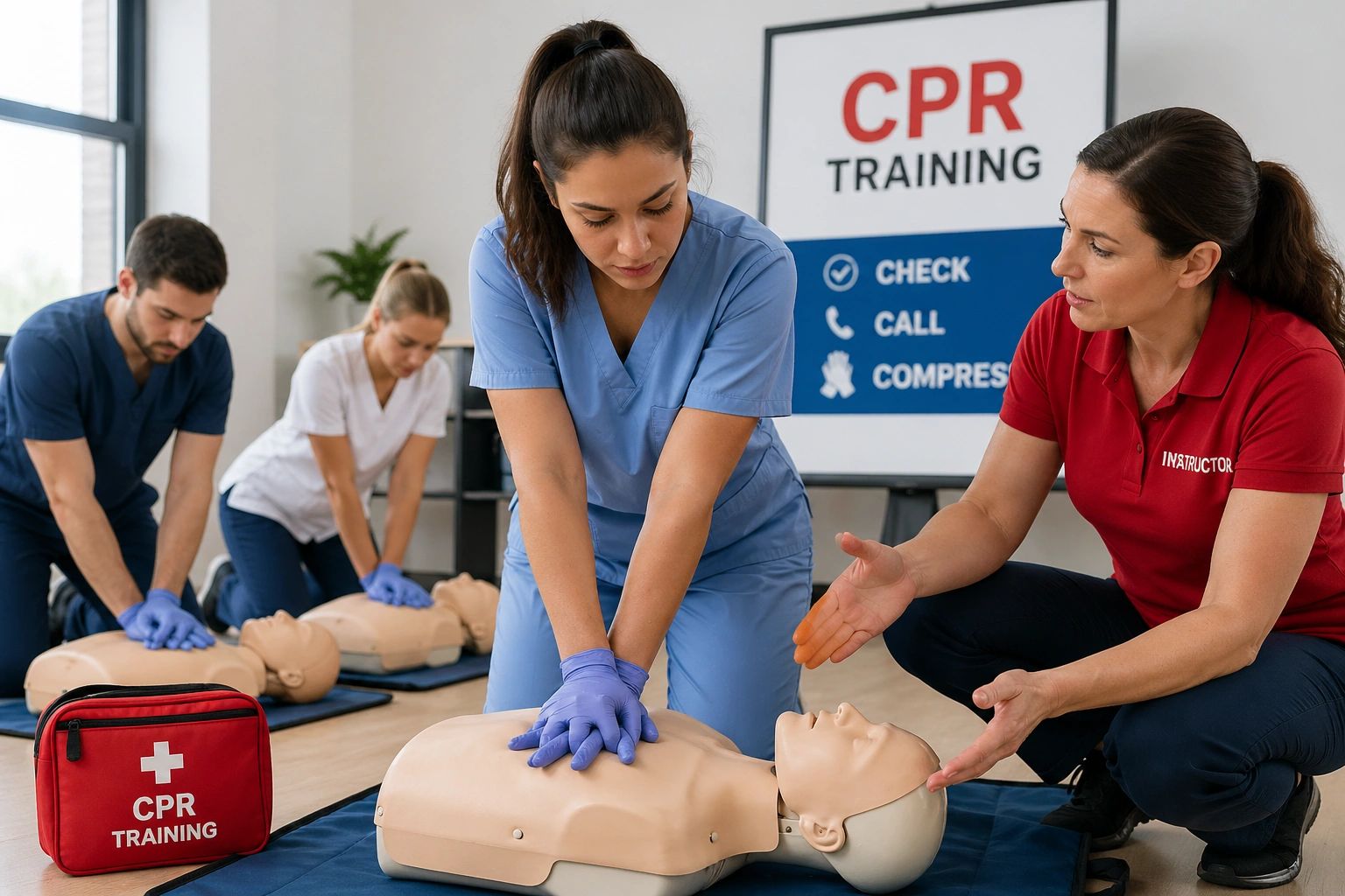 Instructor teaching CPR on mannequin in a professional training classroom.