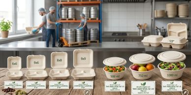 Various sizes of compostable clamshells and take-away bowls on a wooden table.