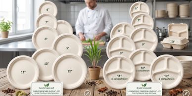 Various sizes of compostable plates and trays in a kitchen setting.