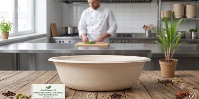 Compostable bowl on a wooden table in a kitchen setting.