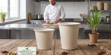 Compostable cups in a kitchen with a chef in background.