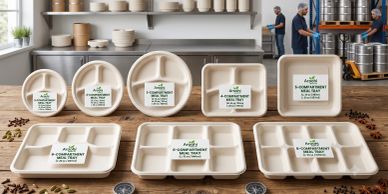 Various compartment meal trays labeled and displayed on a wooden table.