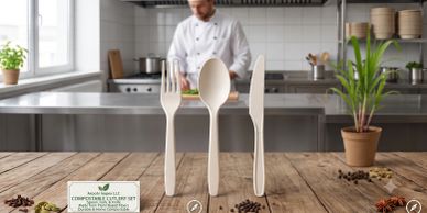 Eco-friendly compostable cutlery set in a kitchen.