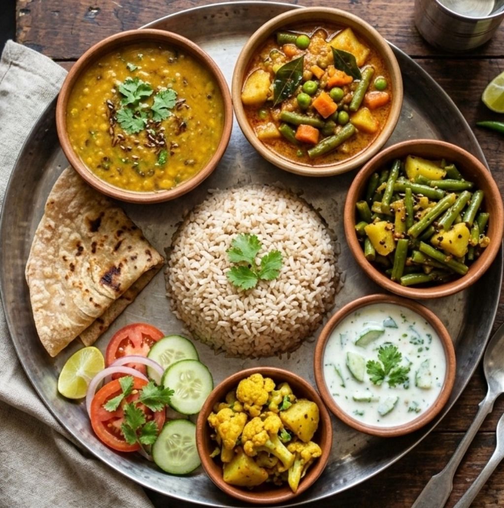 brown rice dal vegetables plate / brown rice dal vegetable plate / brown rice dal vegetables thali /