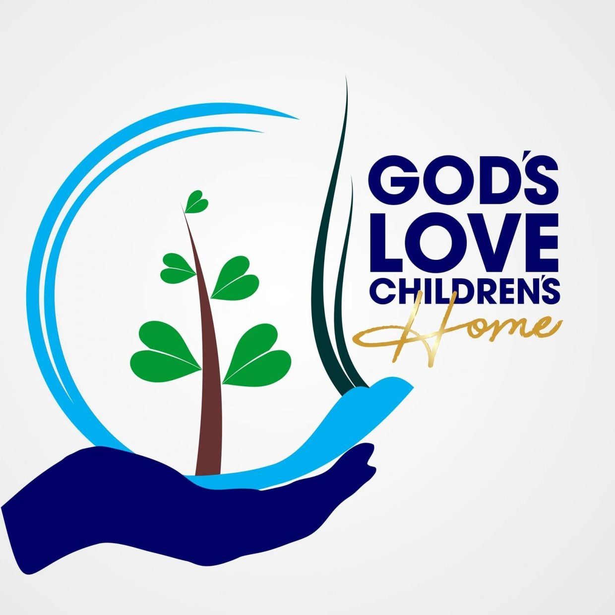Logo of God's Love Children's Home featuring a hand, tree, and stylized text.