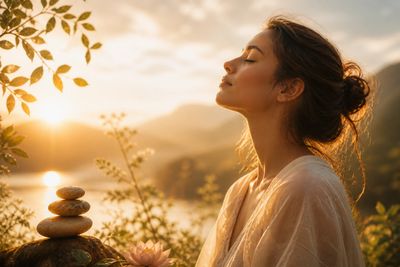 Woman meditating peacefully at sunset with stacked stones nearby.
