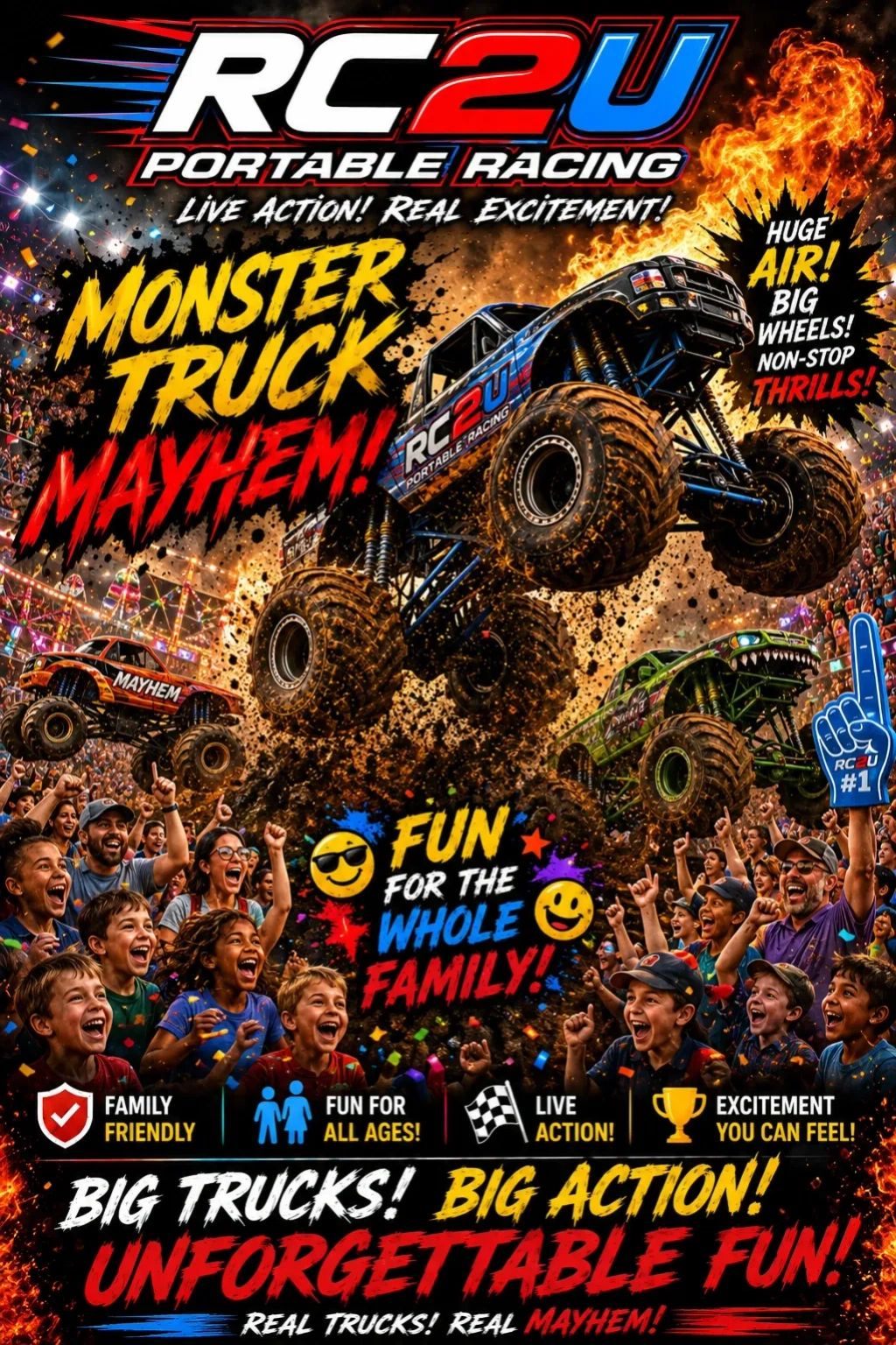 Monster truck mayhem with big action and family fun!