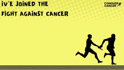 Silhouettes passing a baton symbolizing the fight against cancer on a yellow background.